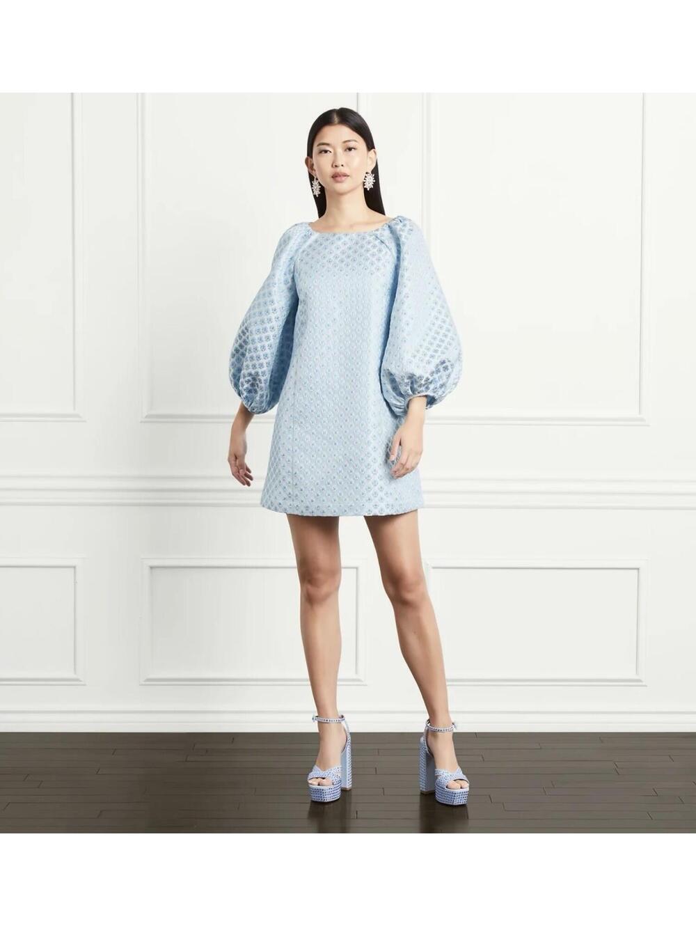Hill House The Araminta Dress Blue White Snowflake Brocade Puff Sleeve Sz S NWT